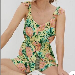 Farm Rio Green and Pink Floral Blouse